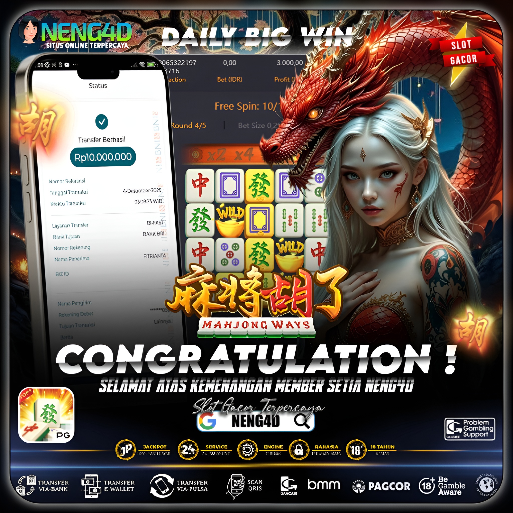 MEMBER NENG4D RAIH 10 JUTA DI MAHJONG WAYS PG SOFT
