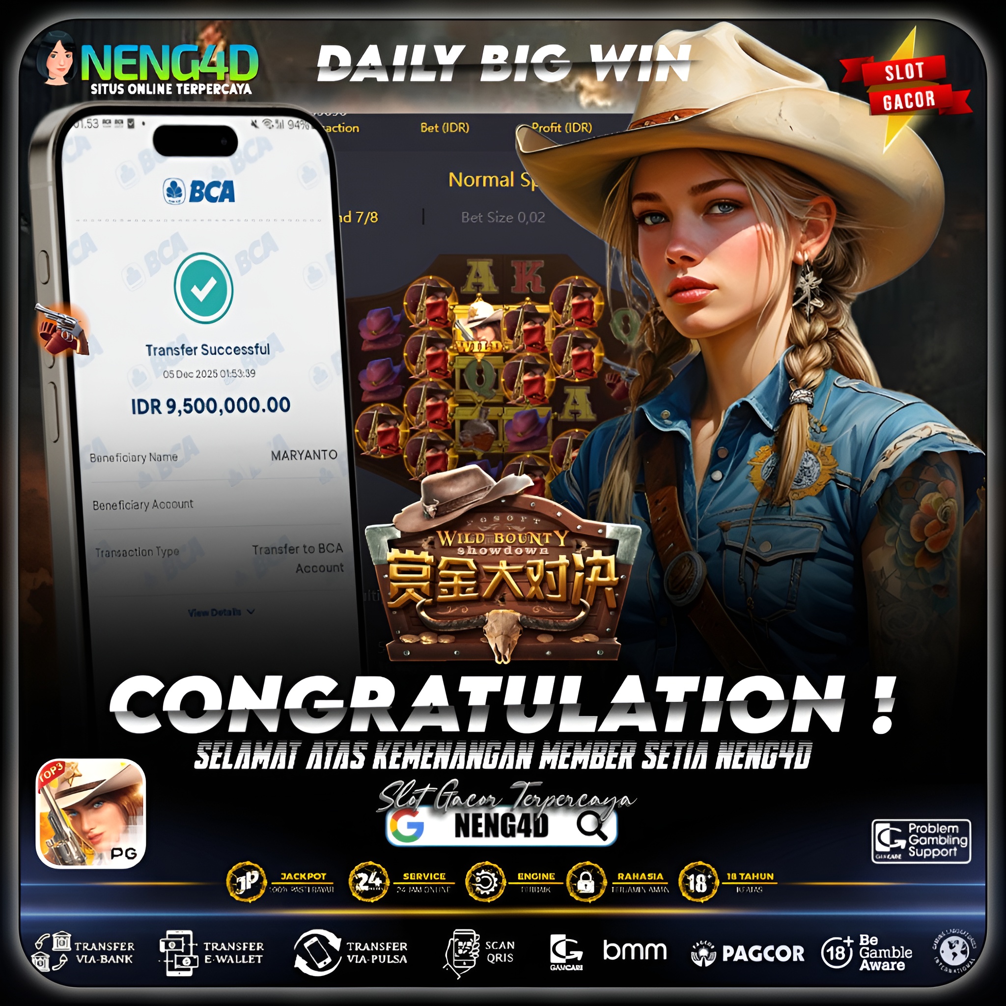 MEMBER NENG4D RAIH 9 JUTA DI WILD BOUNTY SHOWDOWN PG SOFT