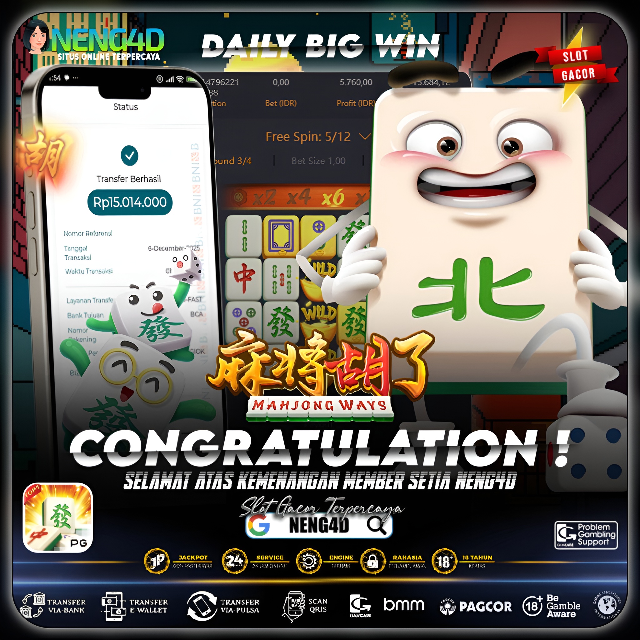 MEMBER NENG4D RAIH 15 JUTA DI MAHJONG WAYS PG SOFT