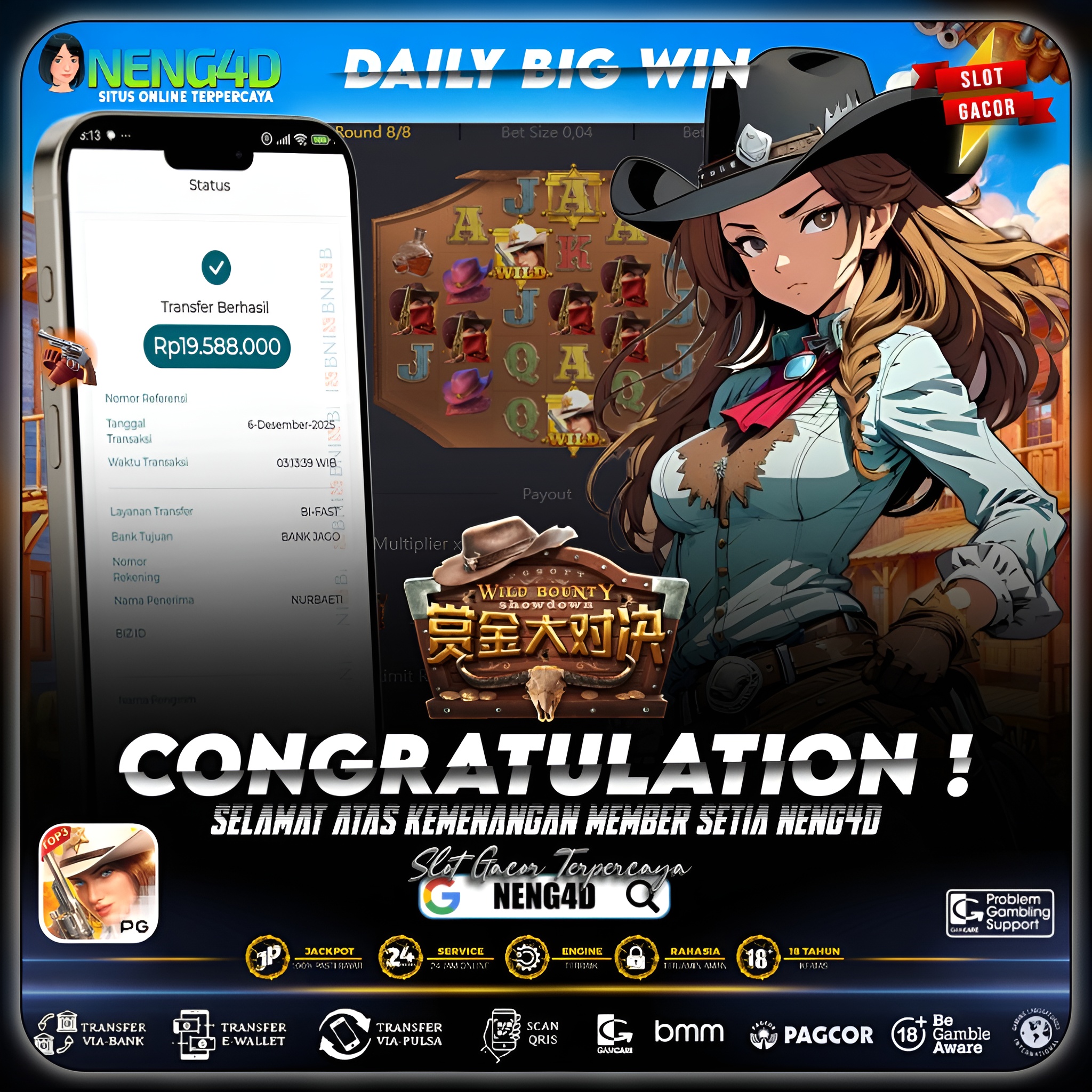MEMBER NENG4D MENANG 19 JUTA DI WILD BOUNTY SHOWDOWN PG SOFT