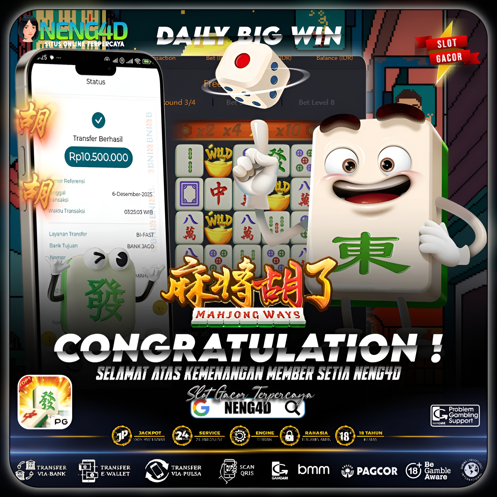 MEMBER NENG4D RAIH 10 JUTA DI MAHJONG WAYS PG SOFT