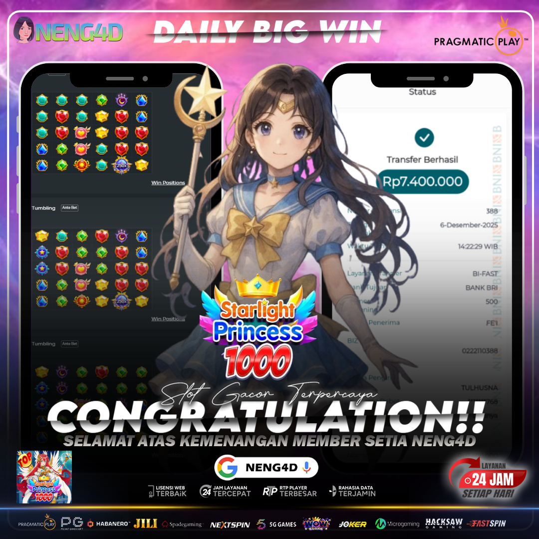 MEMBER SETIA NENG4D RAIH KEMENANGAN 7,4 JUTA DI STARLIGHT PRINCESS 1000 PRAGMATIC PLAY
