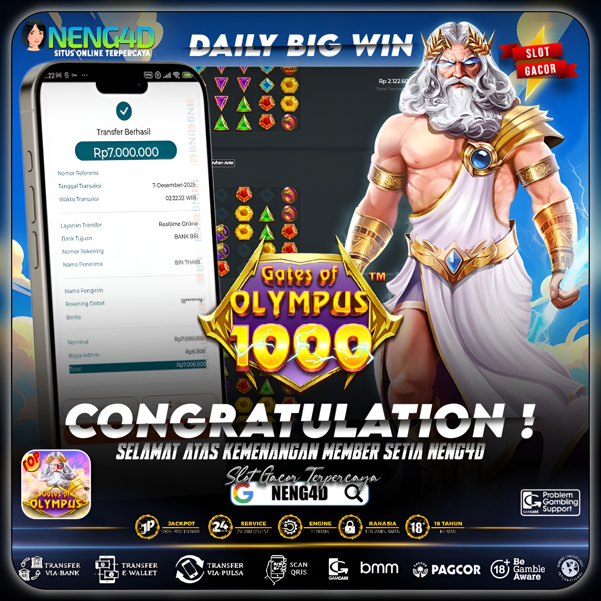 MEMBER NENG4D MENANG 7 JT DI GATES OF OLYMPUS 1000