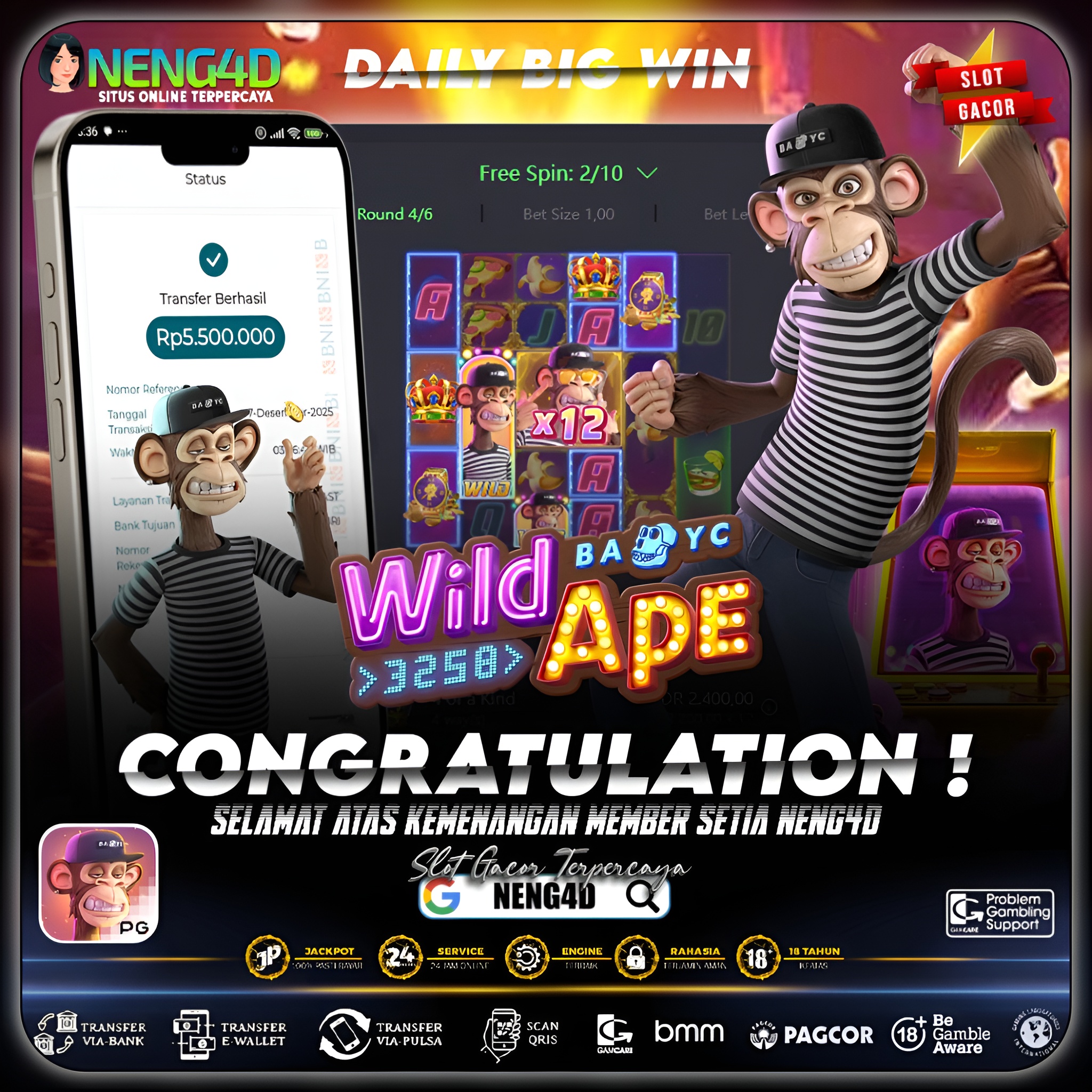 KEMENANGAN 5 JT DI WILD APE #3258 PG SOFT