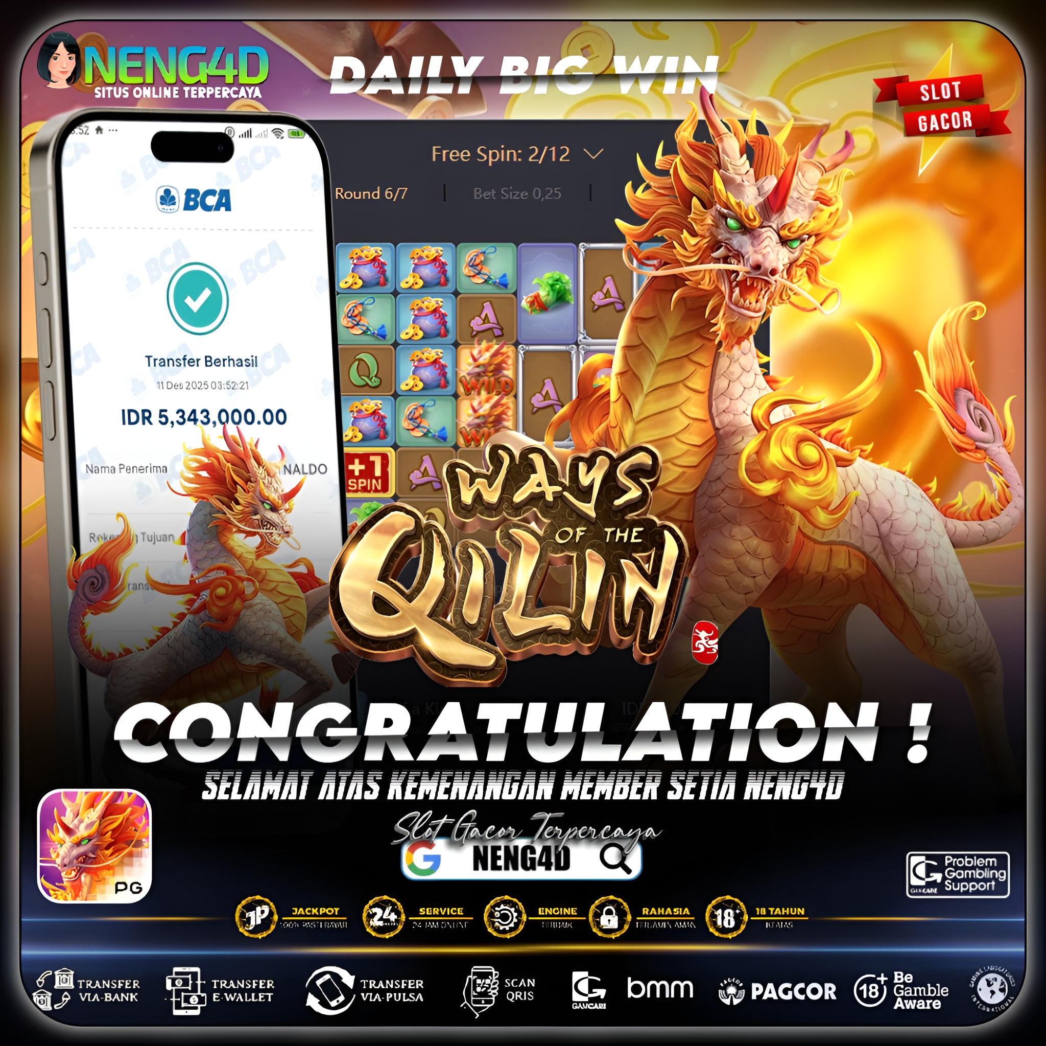 MEMBER SETIA NENG4D MENANG 5 JUTA DI WAYS OF THE QILIN PG SOFT