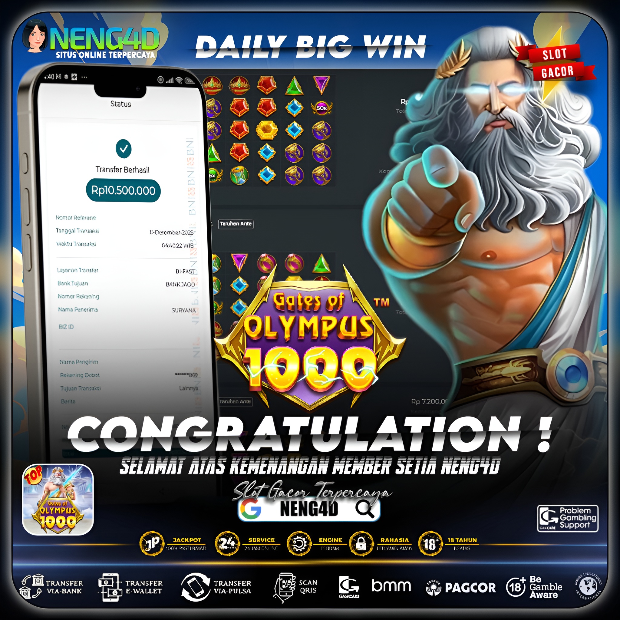 MEMBER SETIA NENG4D MENANG 10 JUTA DI GATES OF OLYMPUS 1000 PRAGMATIC PLAY
