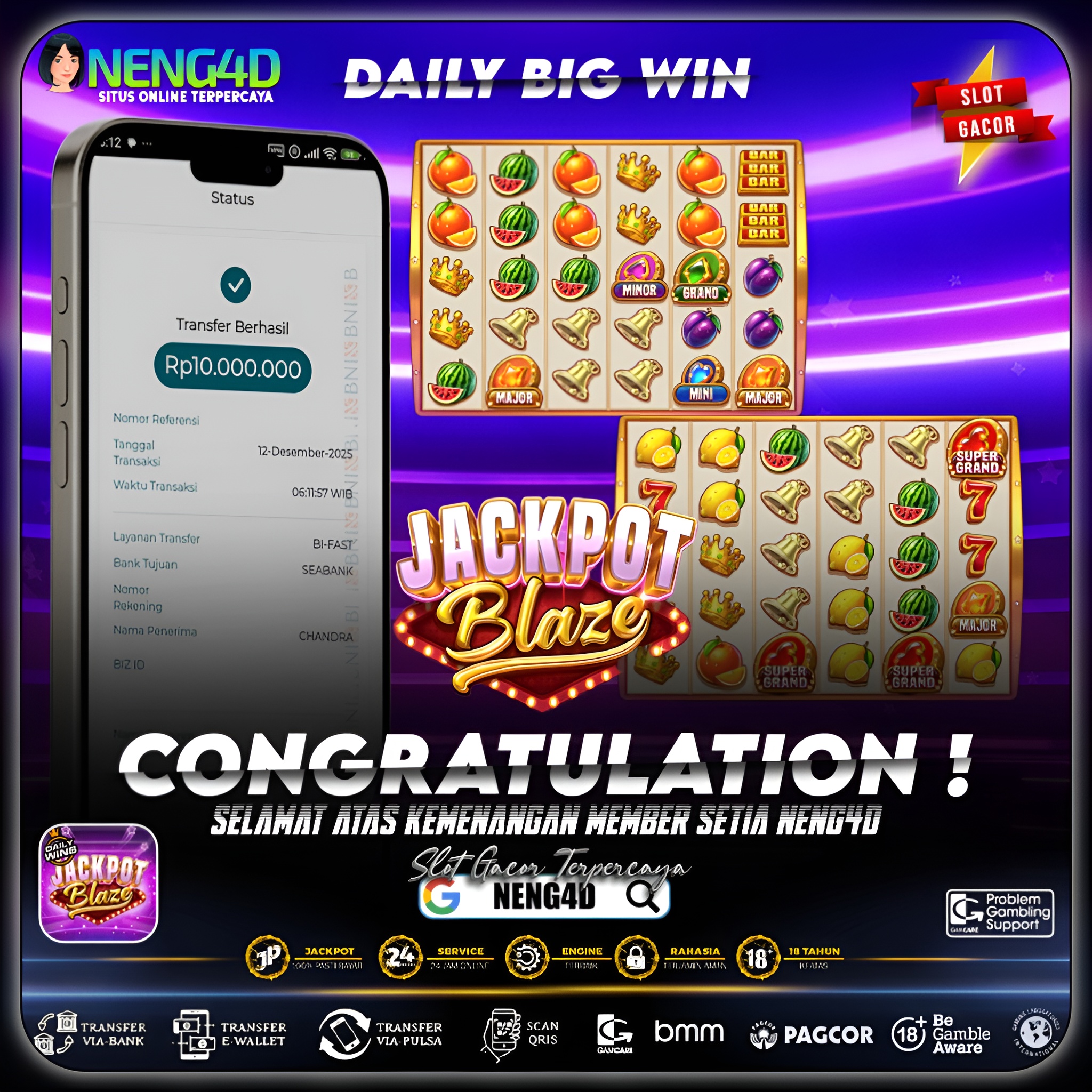 MEMBER SETIA NENG4D MENANG 10 JUTA DI JACKPOT BLAZE PRAGMATIC PLAY