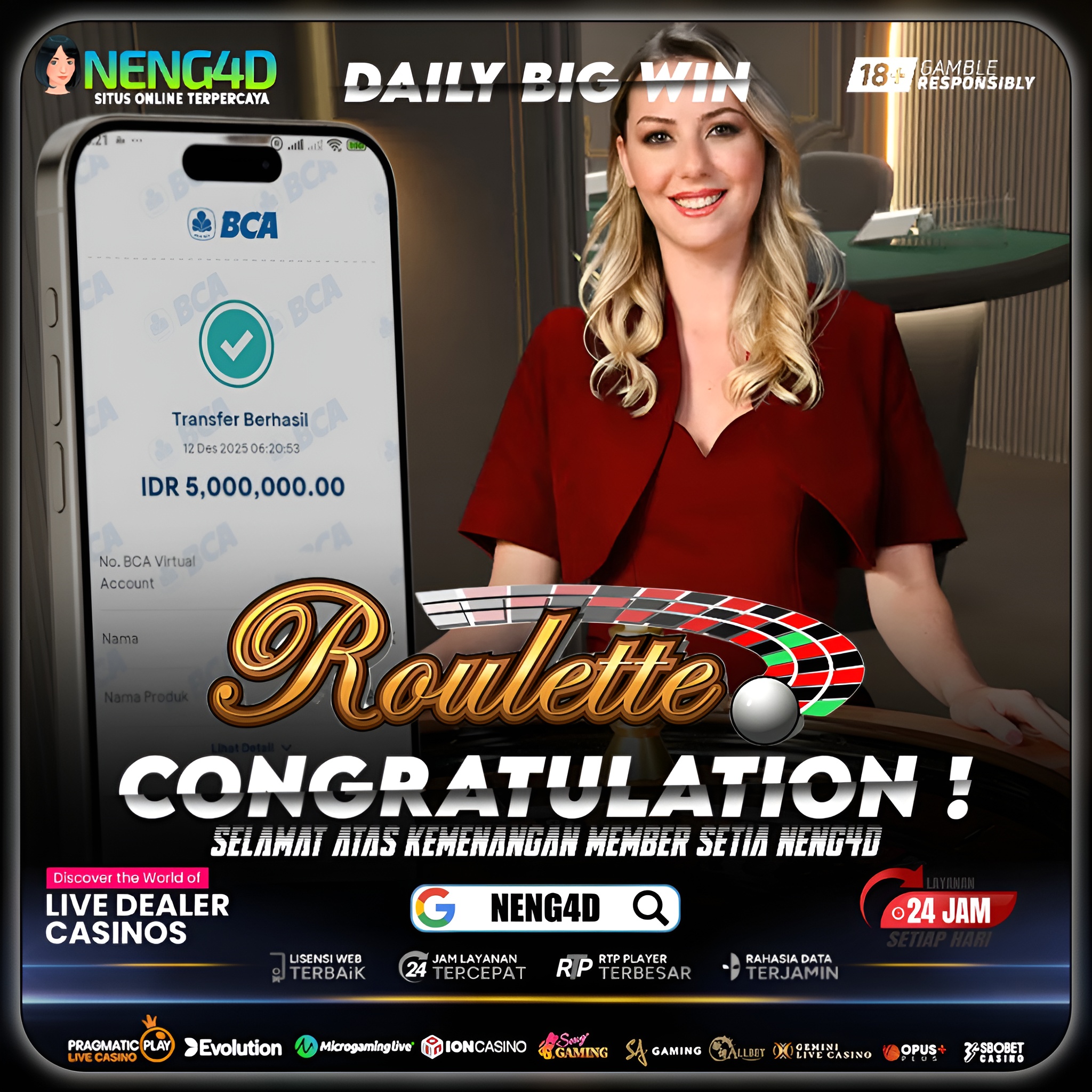MEMBER SETIA NENG4D MENANG 5 JUTA DI LIVE GAMES ROULETTE
