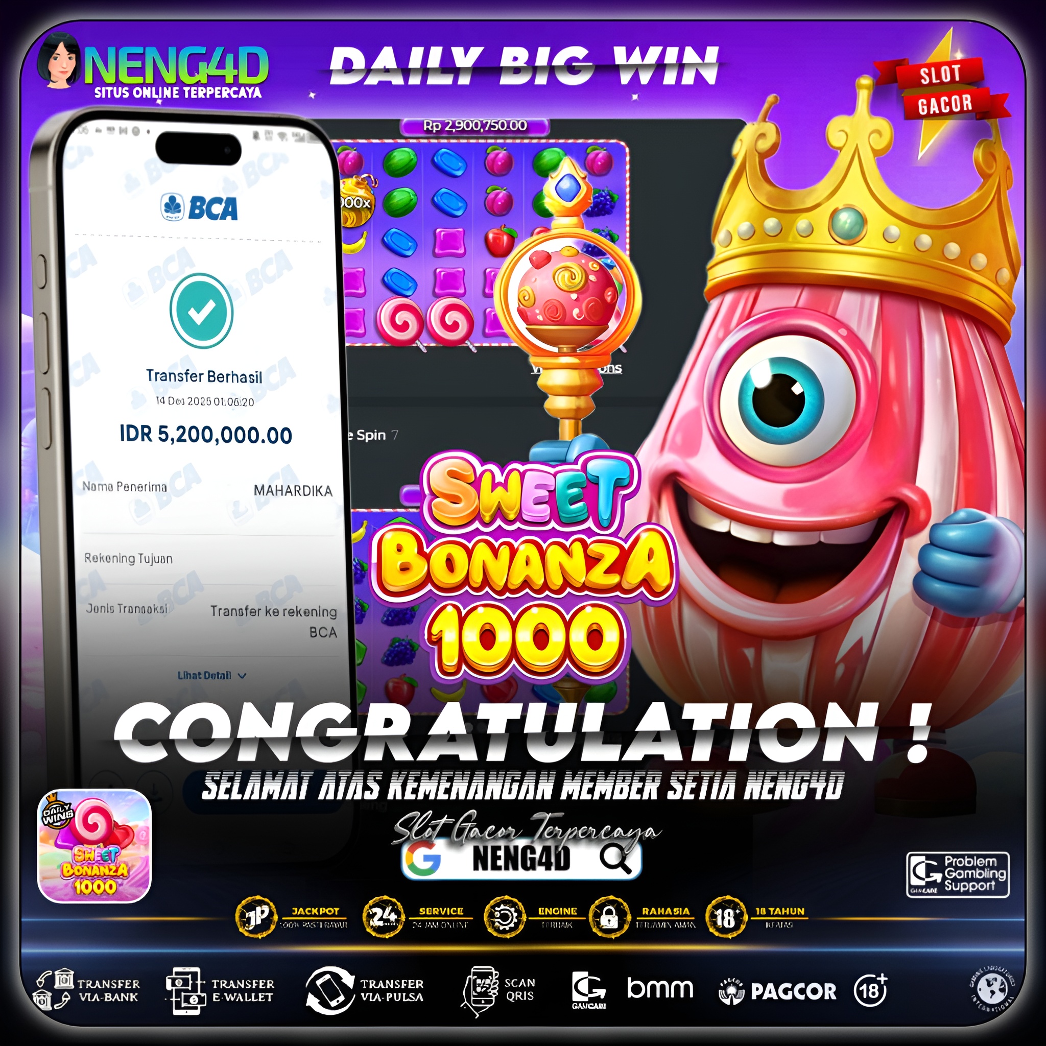KEMENANGAN 5JT DI SWEET BONANZA 1000 PRAGMATIC PLAY!
