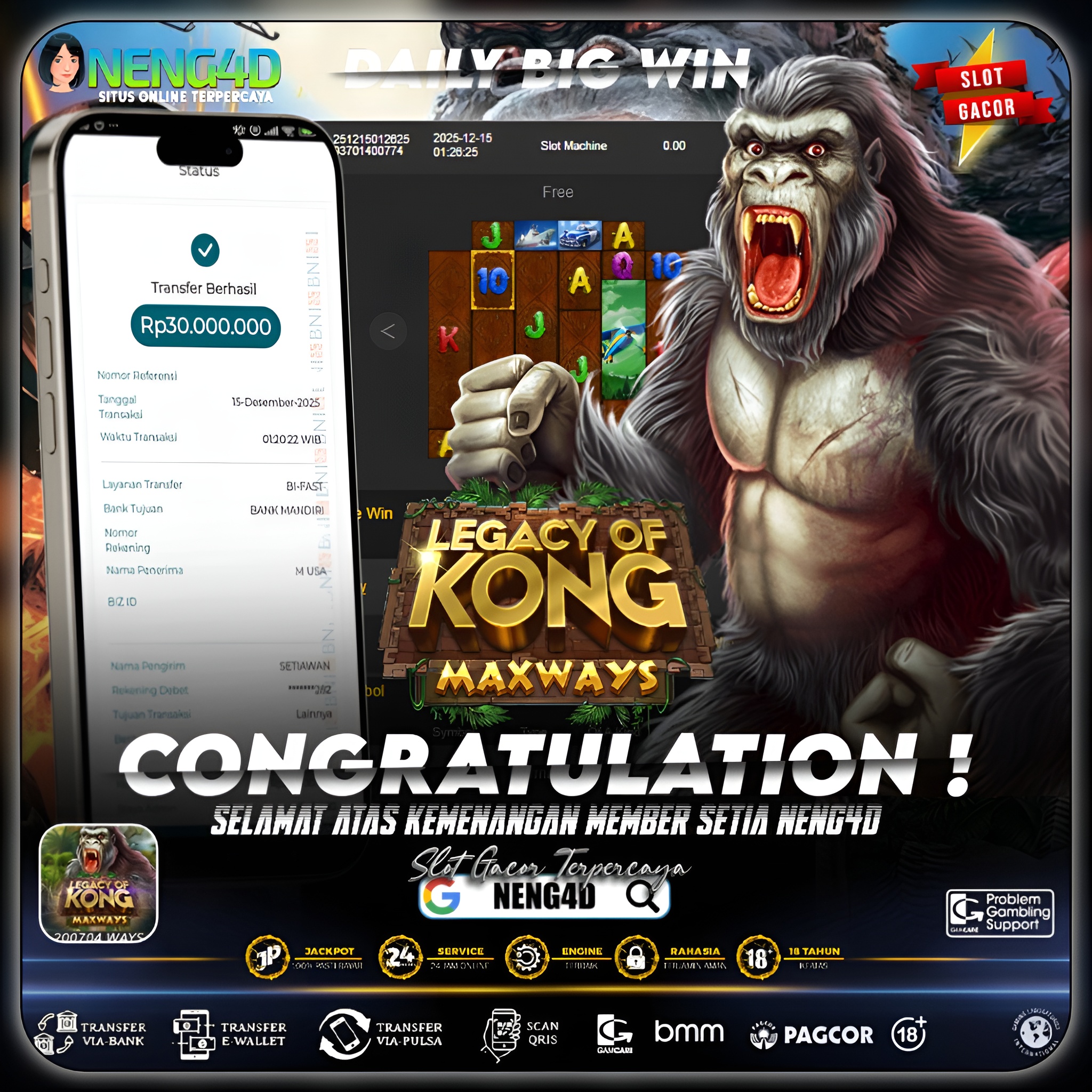 KEMENANGAN 30 JUTA UNTUK MEMBER SETIA NENG4D DI LEGACY OF KONG MAXWAYS