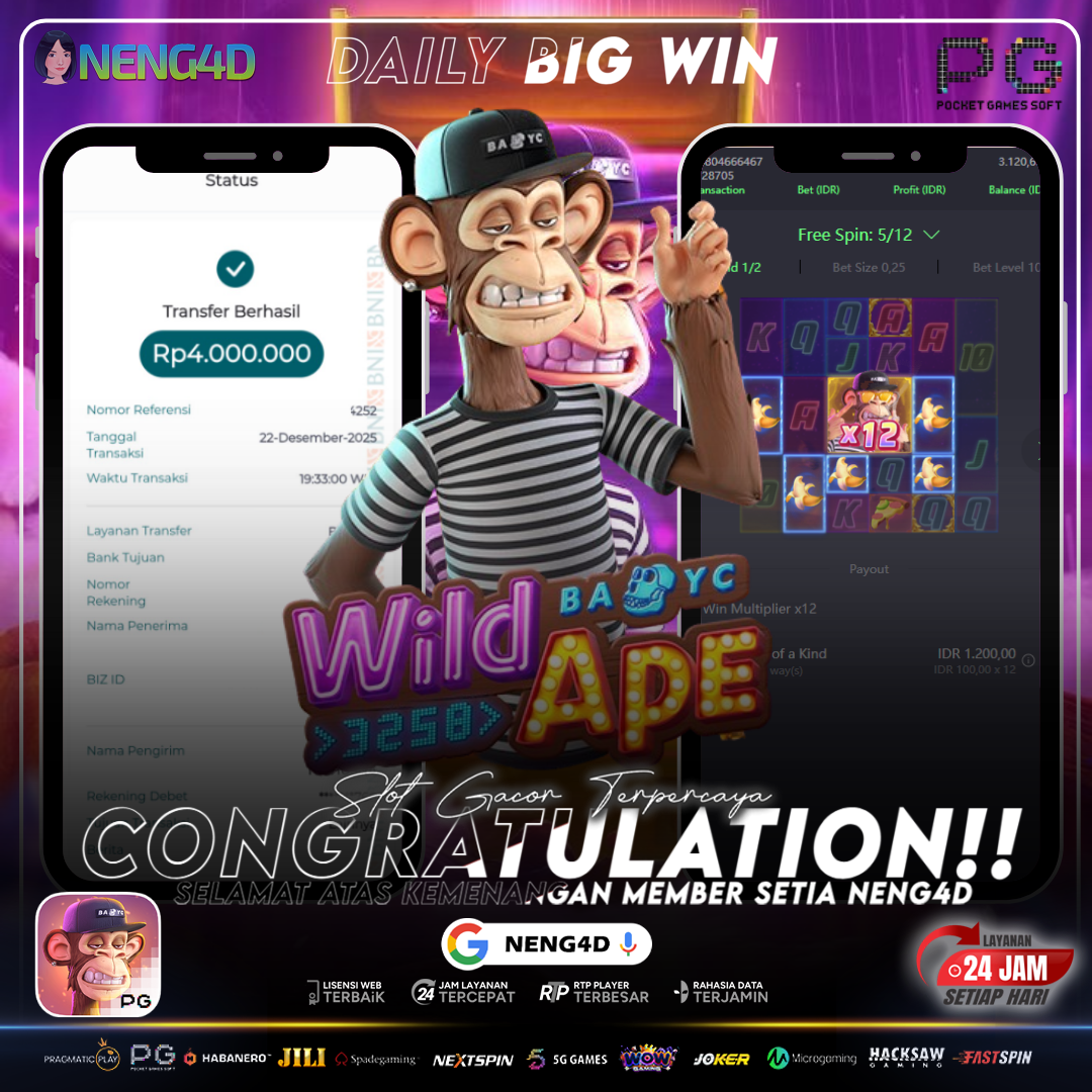 KEMENANGAN 4 JT DI WILD APE #3258 PG SOFT