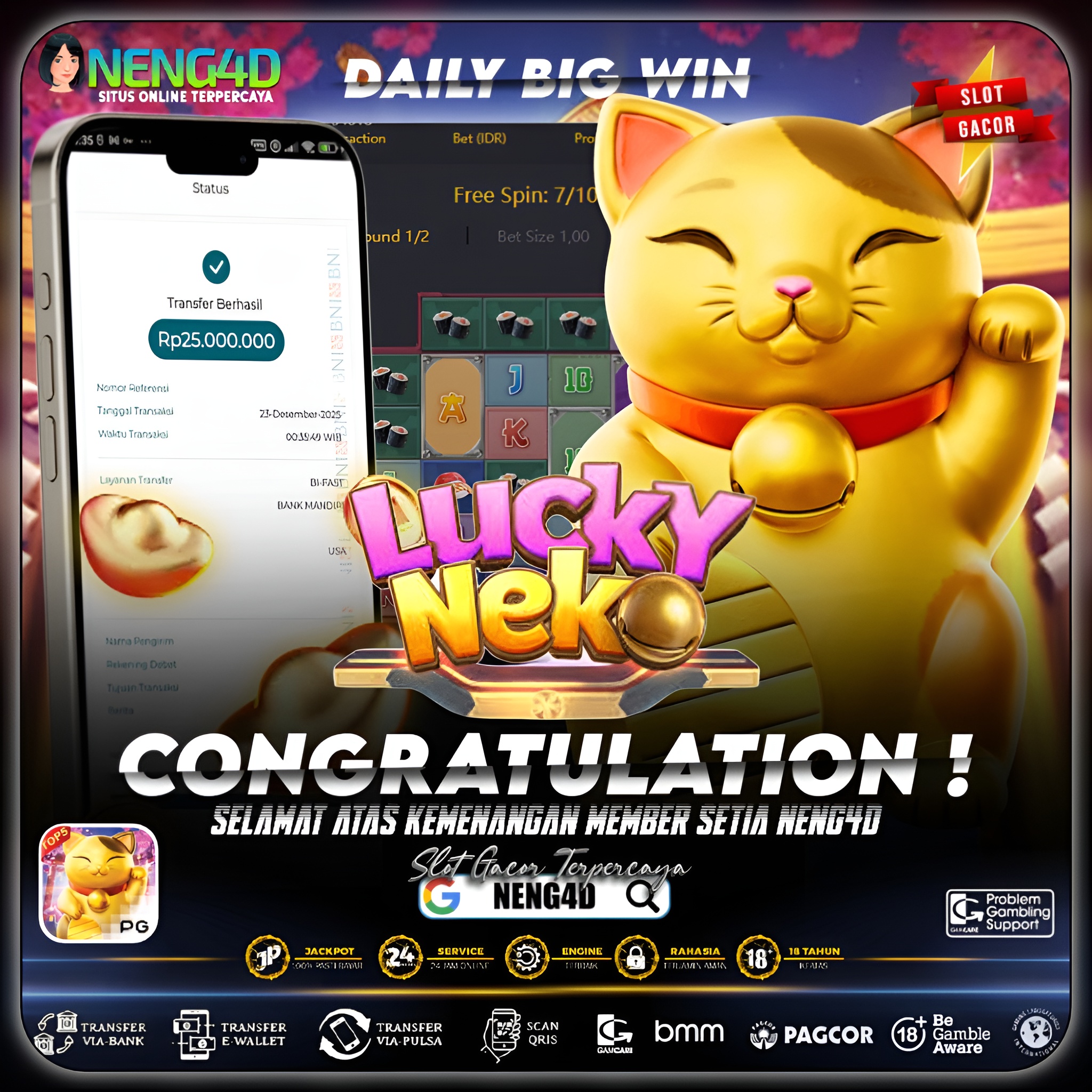 KEBERUNTUNGAN NEKO DATANG, MENANG 25 JUTA DI LUCKY NEKO PG SOFT