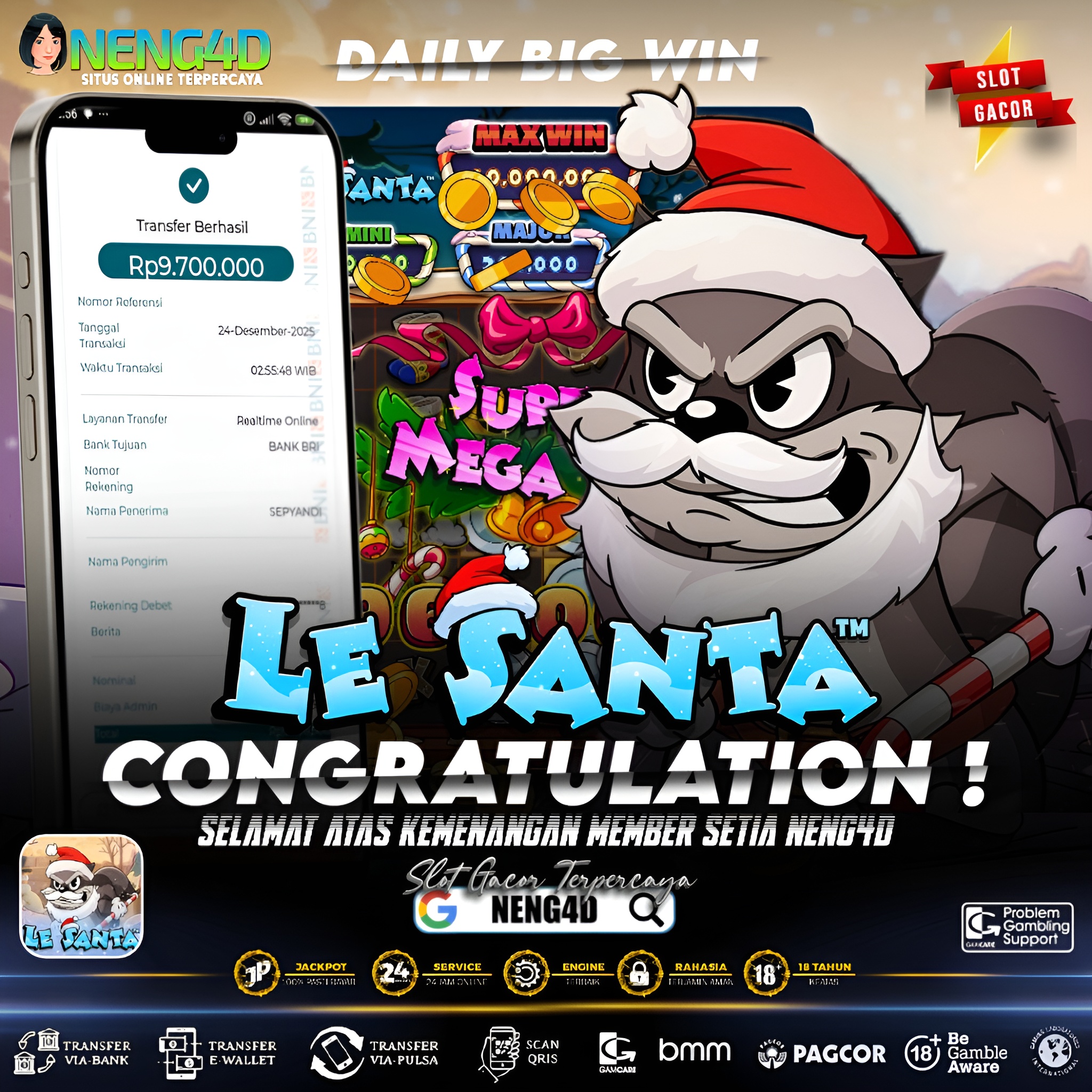 SENTUHAN KEAJAIBAN LE SANTA, MENANG 9 JUTA DI HACKSAW GAMING