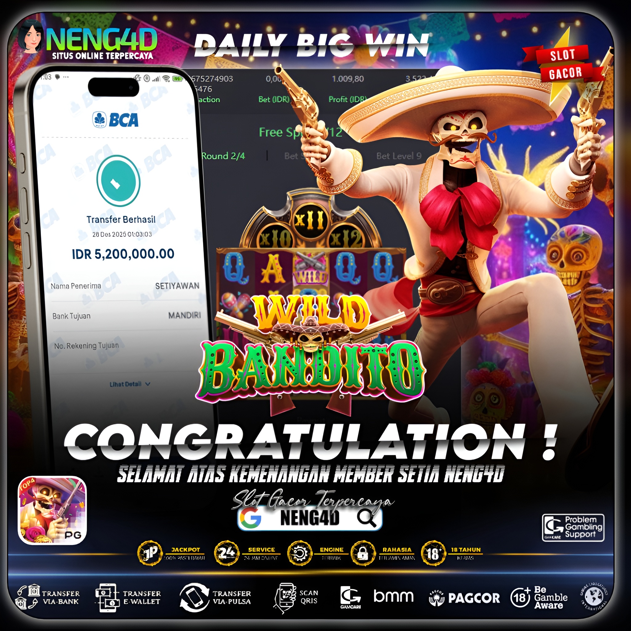 BANDITO BERAKSI, MENANG 5 JUTA DI WILD BANDITO PG SOFT