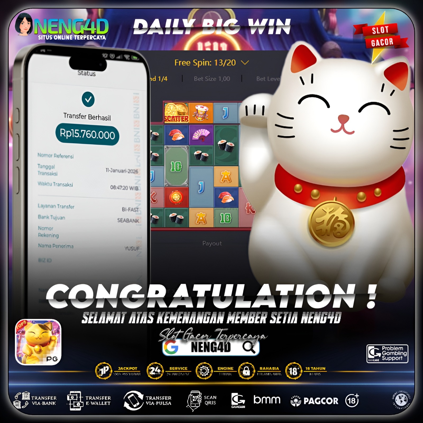 Menang 15 juta bermain di Lucky Neko Provider PG Soft