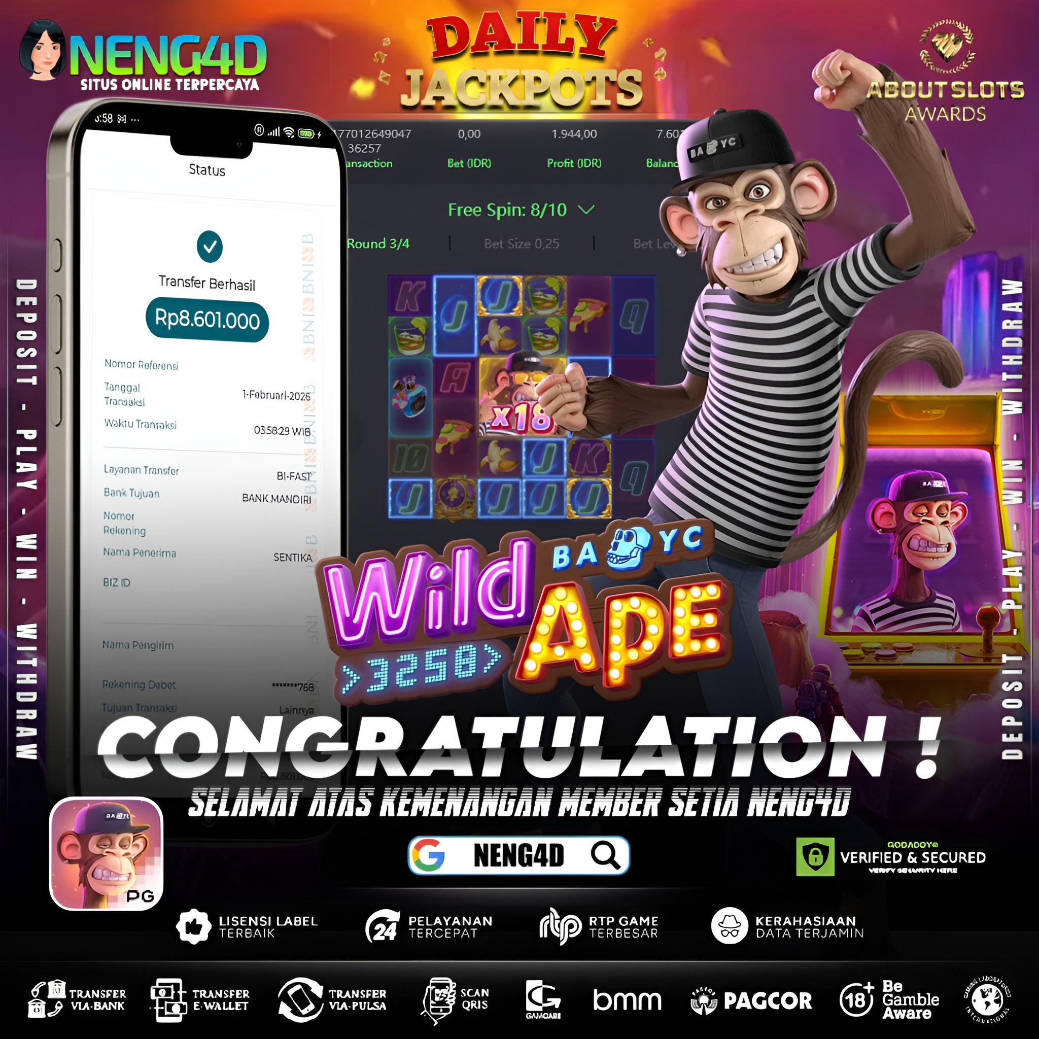 MENANG 8JT MAIN DI WILD APE #3258 PG SOFT