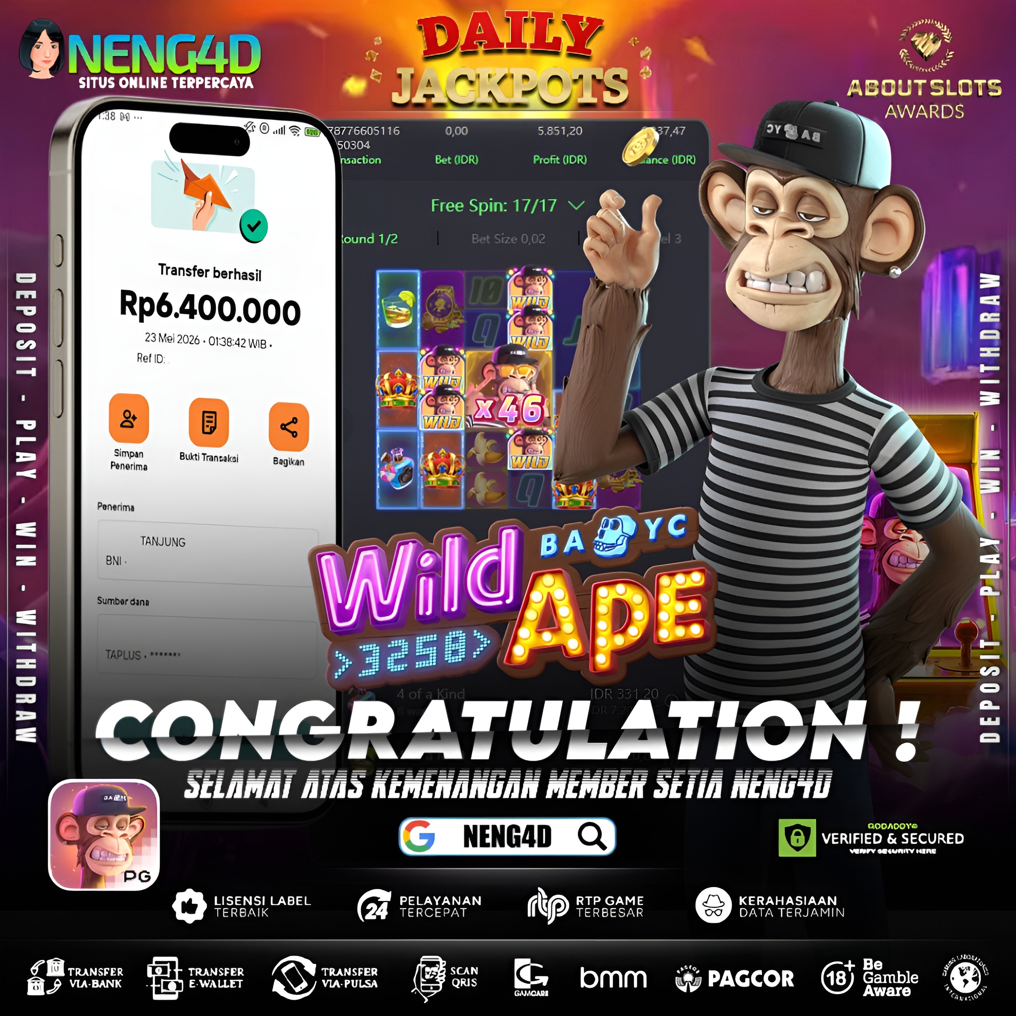 MENANG 6JT MAIN DI WILD APE #3258 PG SOFT