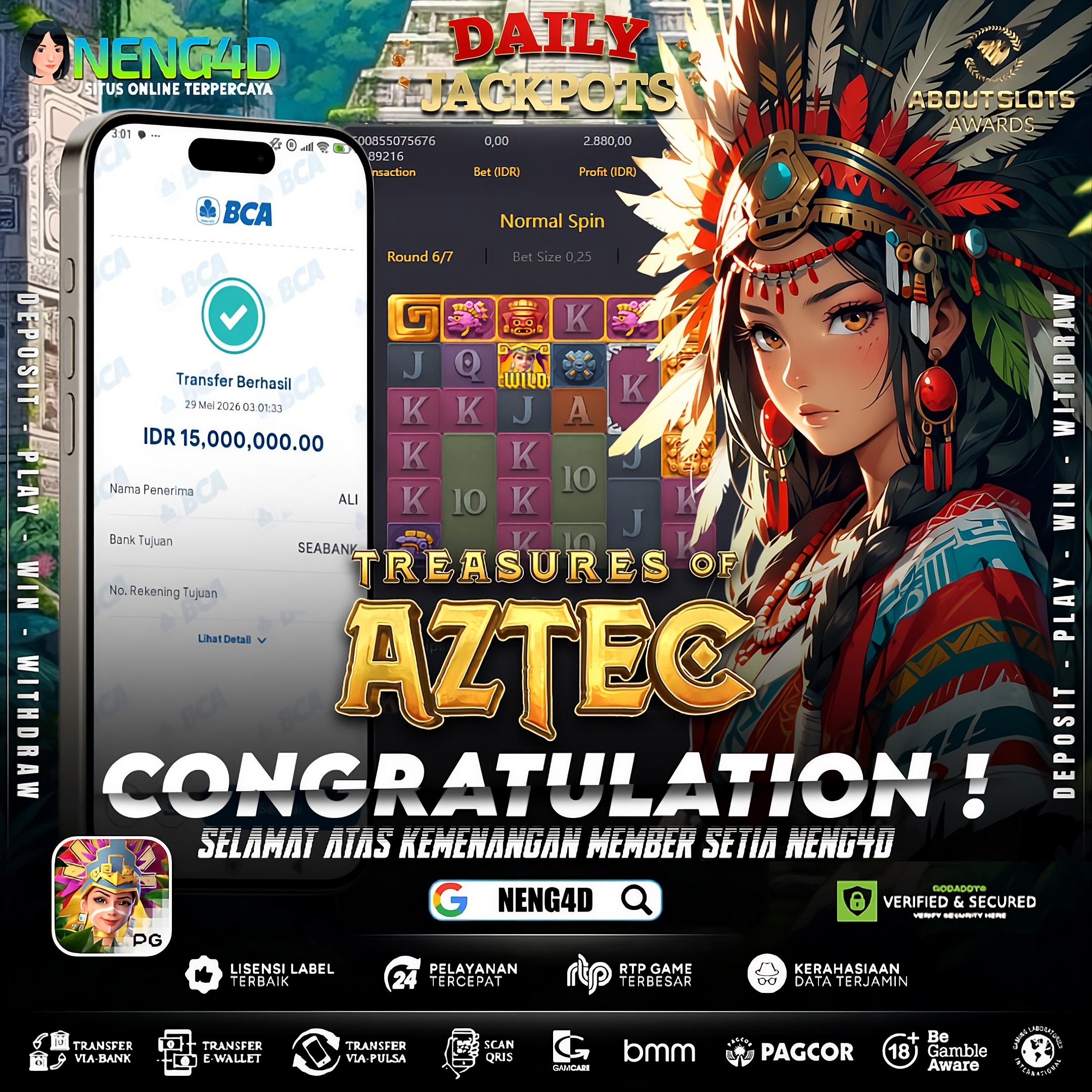 MENANG 15JT MAIN DI TREASURES OF AZTEC PG SOFT