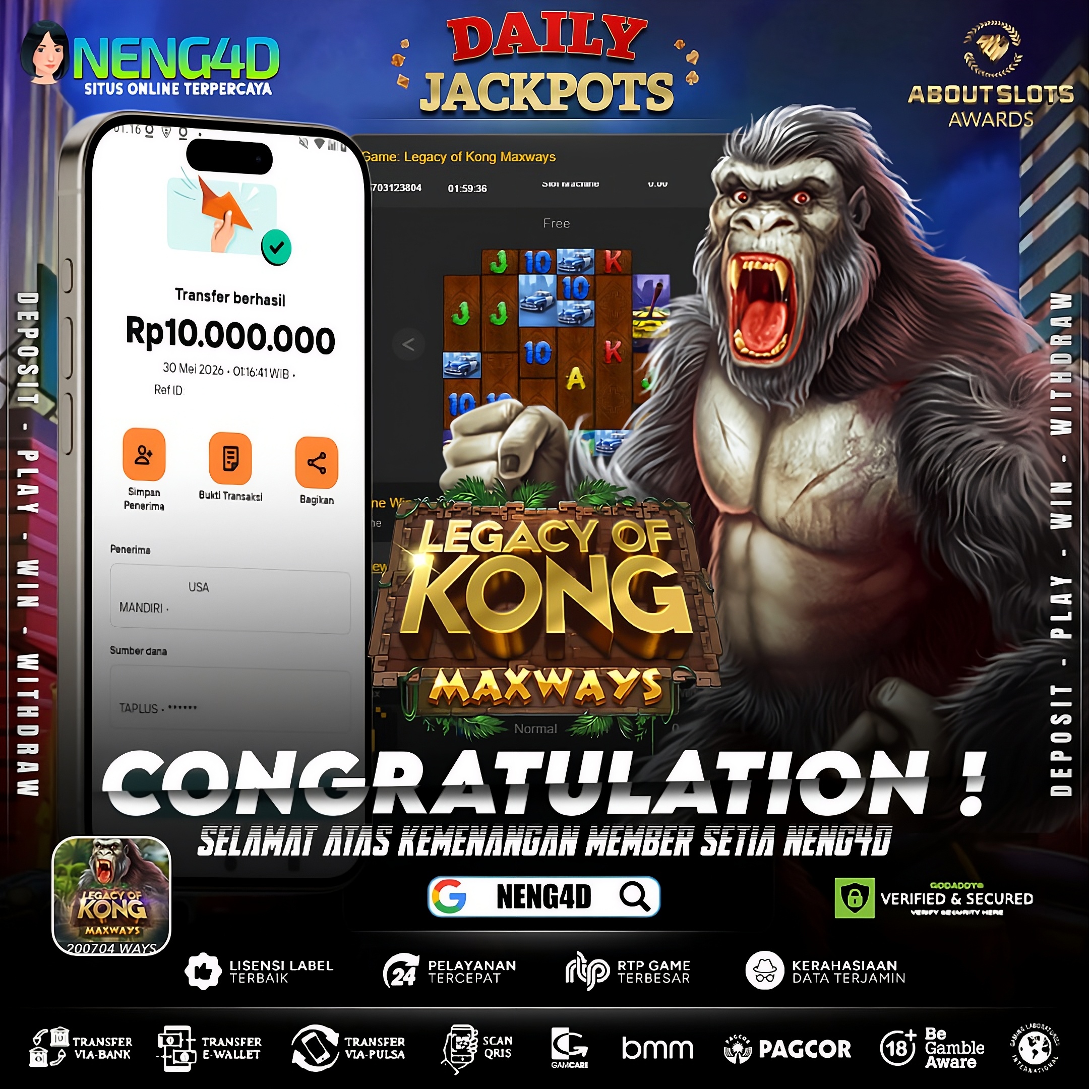 MENANG 10JT MAIN DI LEGACY OF KONG MAXWAYS SPADEGAMING