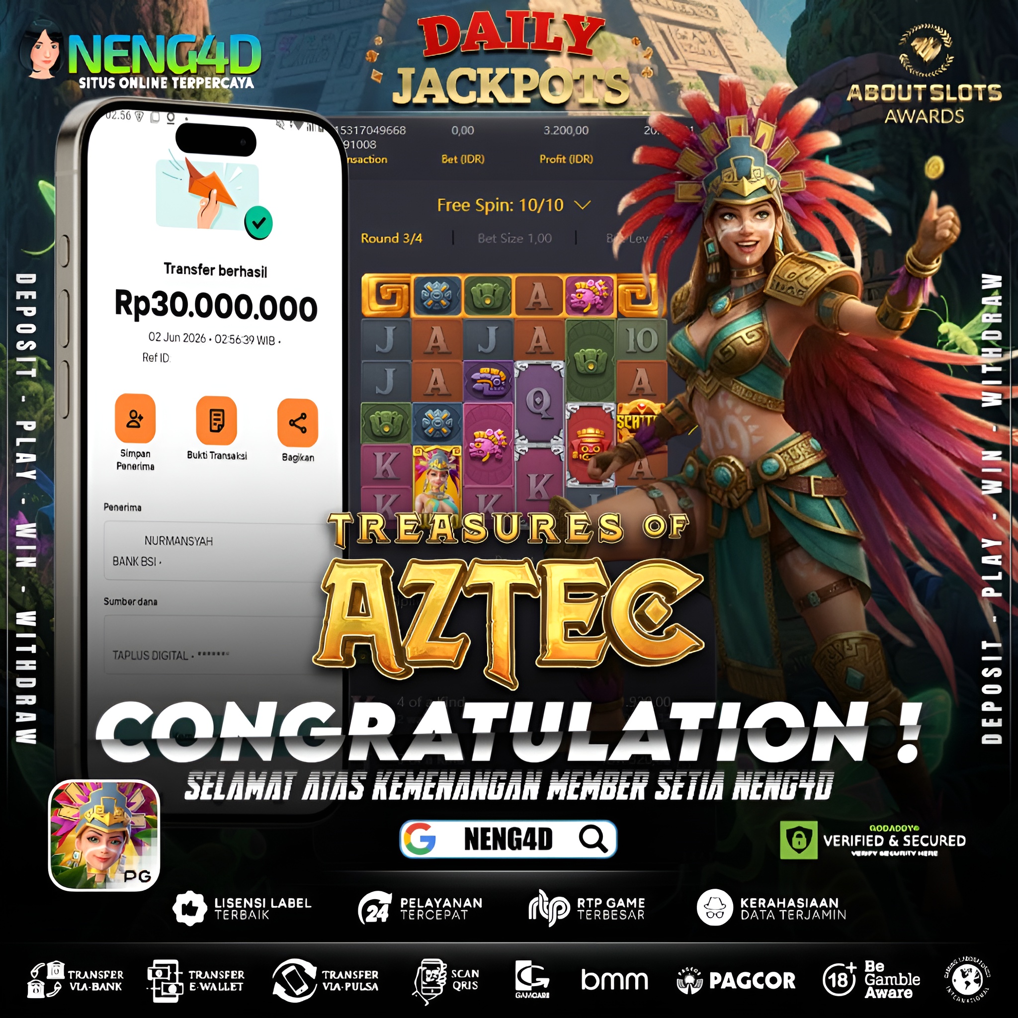 MENANG 30JT MAIN DI TREASURES OF AZTEC PG SOFT