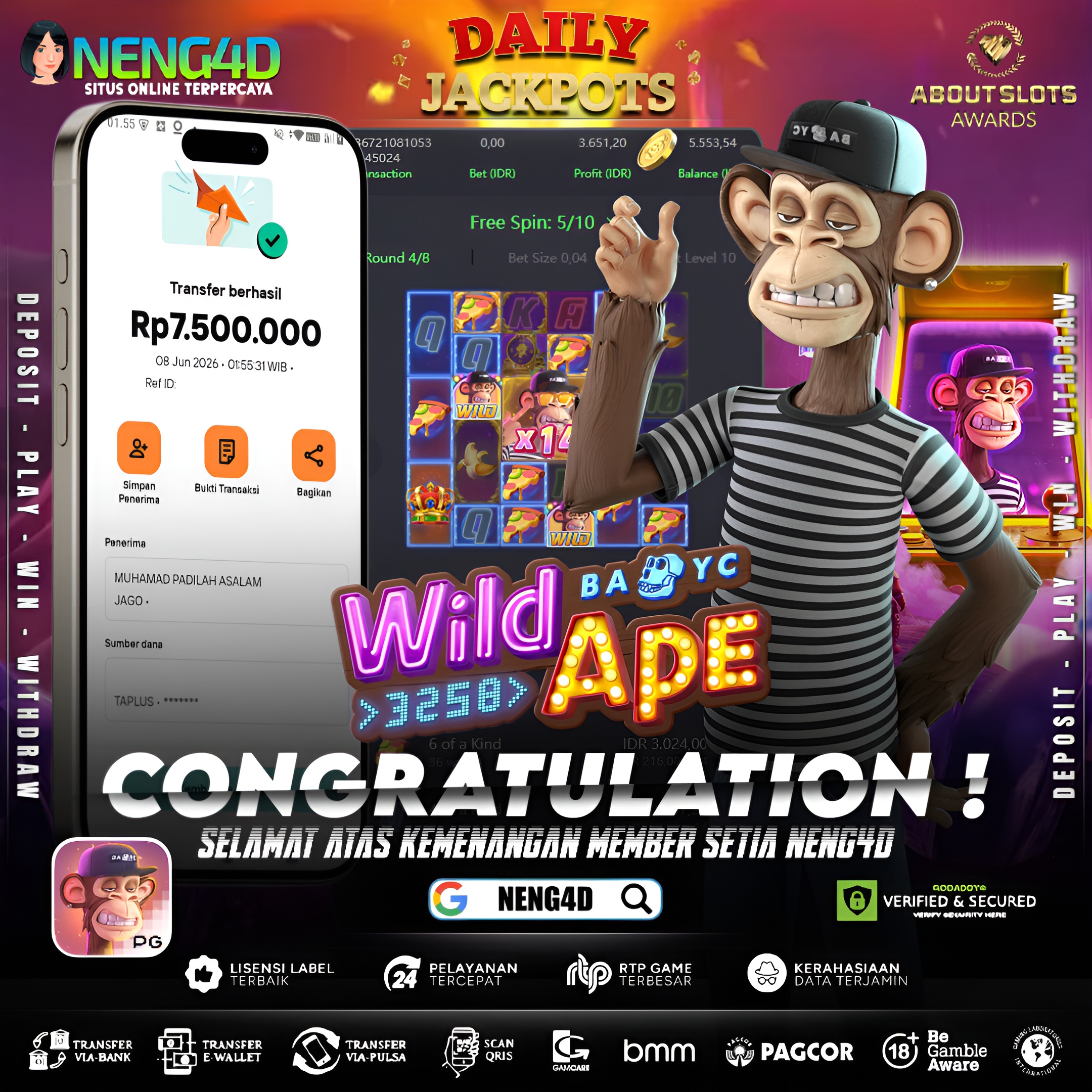 MENANG 7JT MAIN DI WILD APE #3258 PG SOFT