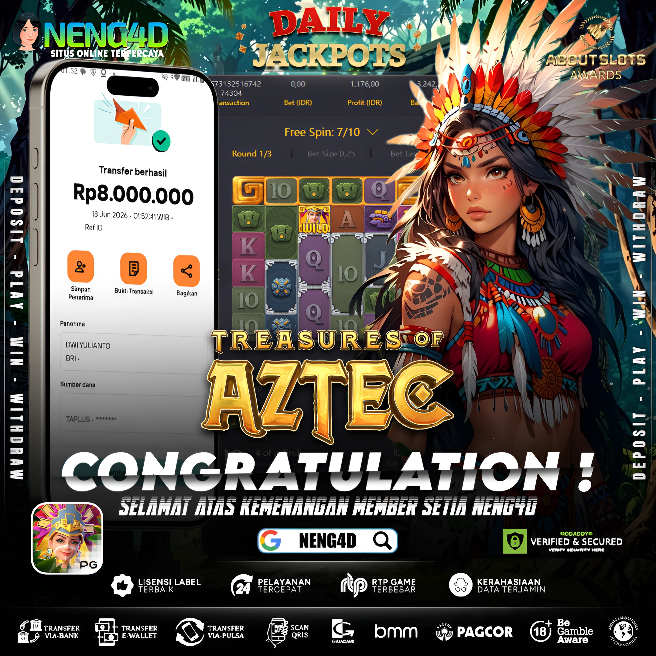 MENANG 8JT MAIN DI TREASURES OF AZTEC PG SOFT