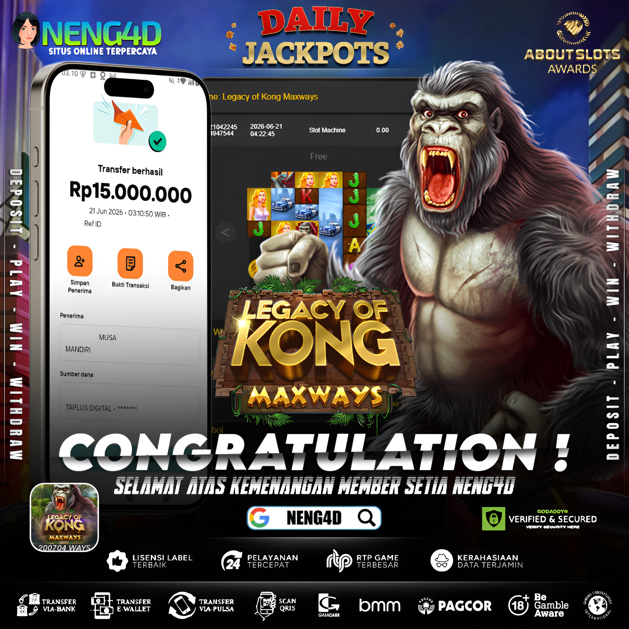 MENANG 15JT MAIN DI LEGACY OF KONG MAXWAYS SPADEGAMING