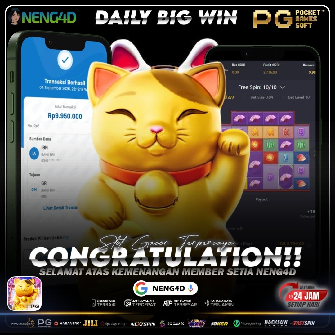 Hasil sebesar 9 JUTA RUPIAH berhasil tercatat dari permainan Lucky Neko bersama NENG4D. 🐱💰
